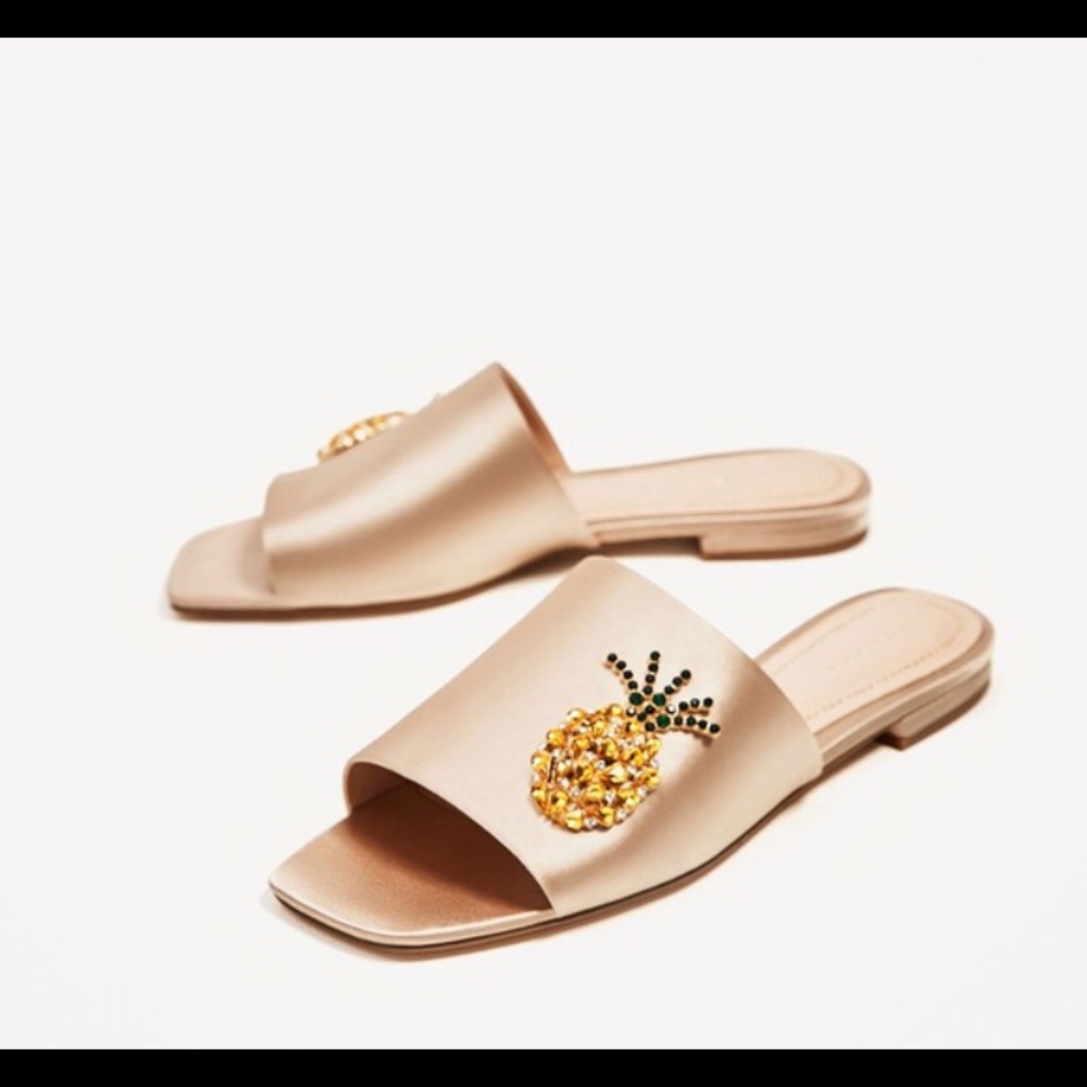 Zara Satin Bejeweled Pineapple Slides, Size 38